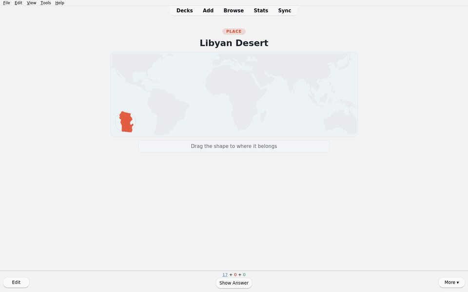 GeoTrainer place-the-shape exercise inside the complete Anki reviewer